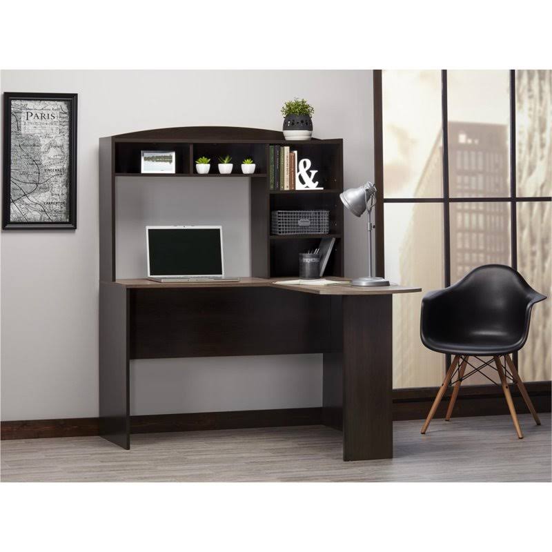 Espresso and Rustic Oak L Desk with Hutch V21138