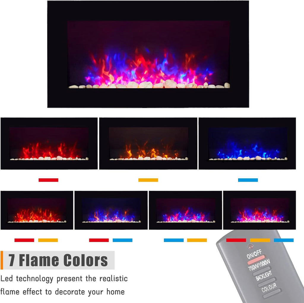 Black 36 Inch Wall-Mounted Electric Fireplace with Remote Control V9821