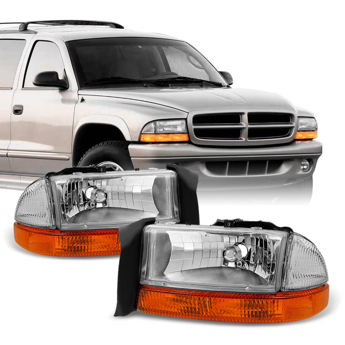 Chrome Driver Left + Passenger Right Side Headlights + Signal Lamp Pair Set Q845