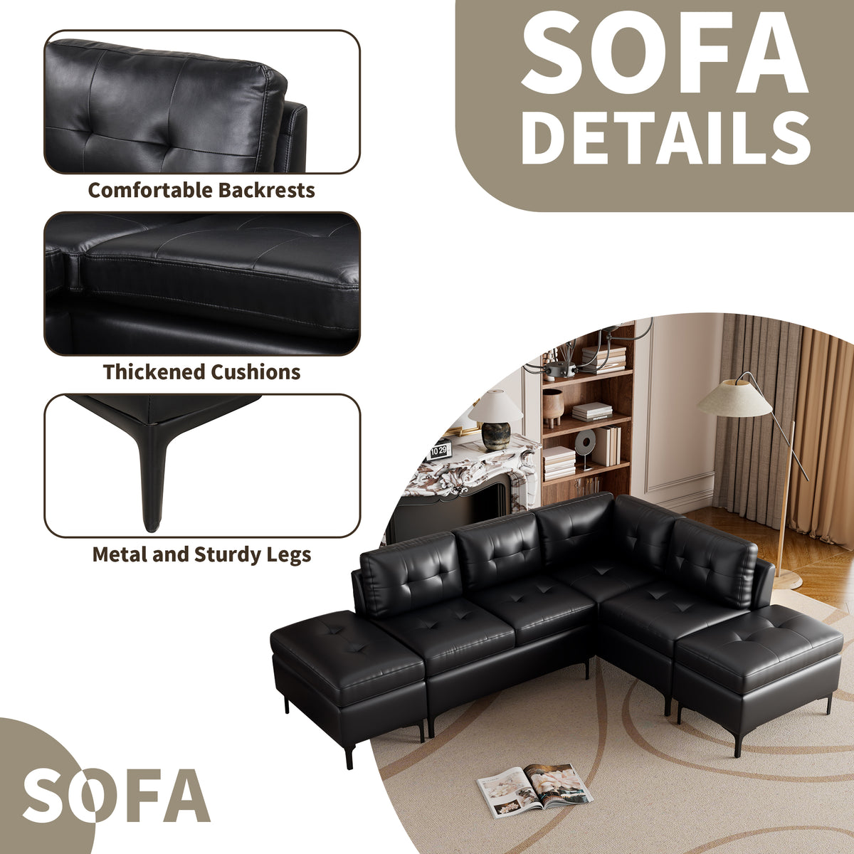 Black PU Leather L-Shaped Corner Sectional Sofa with Movable Storage Ottomans M11904