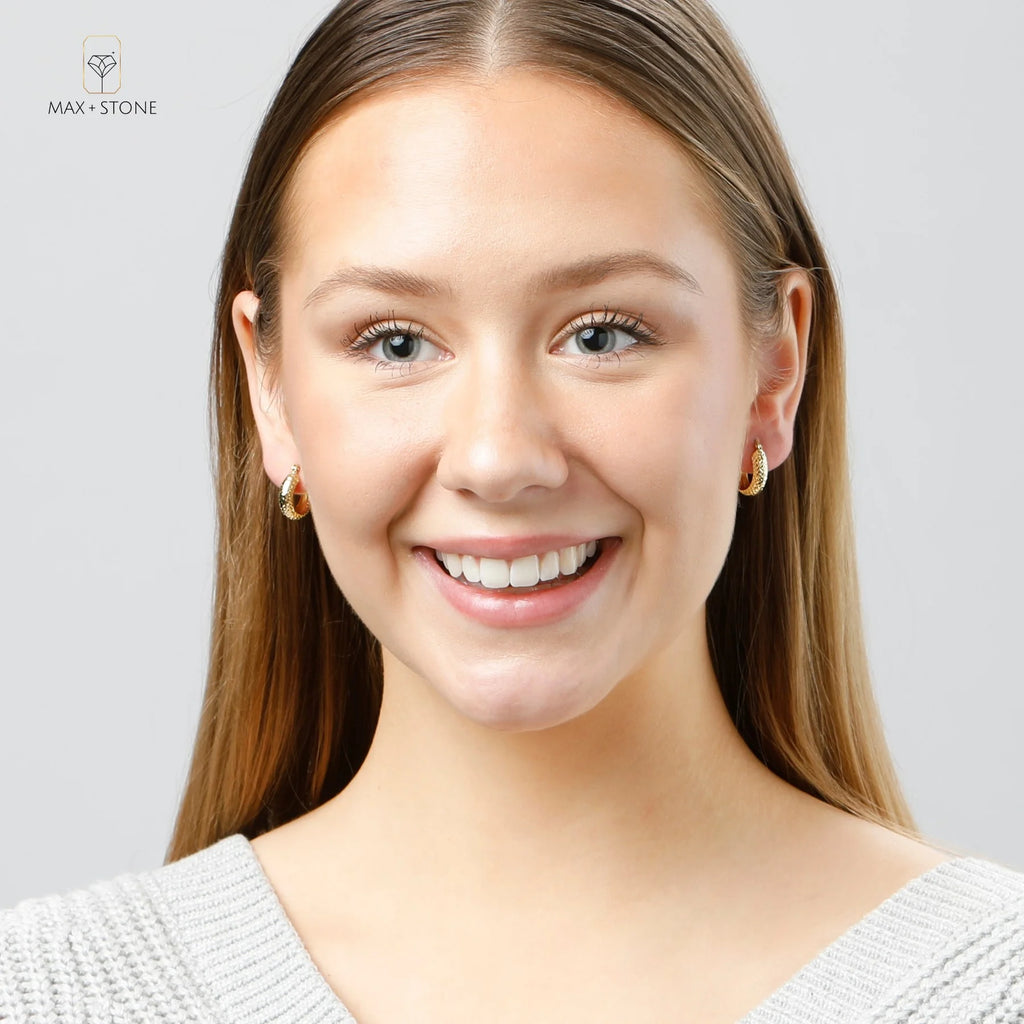 18k Solid Yellow Gold Diamond Cut Hoop Earrings D408492
