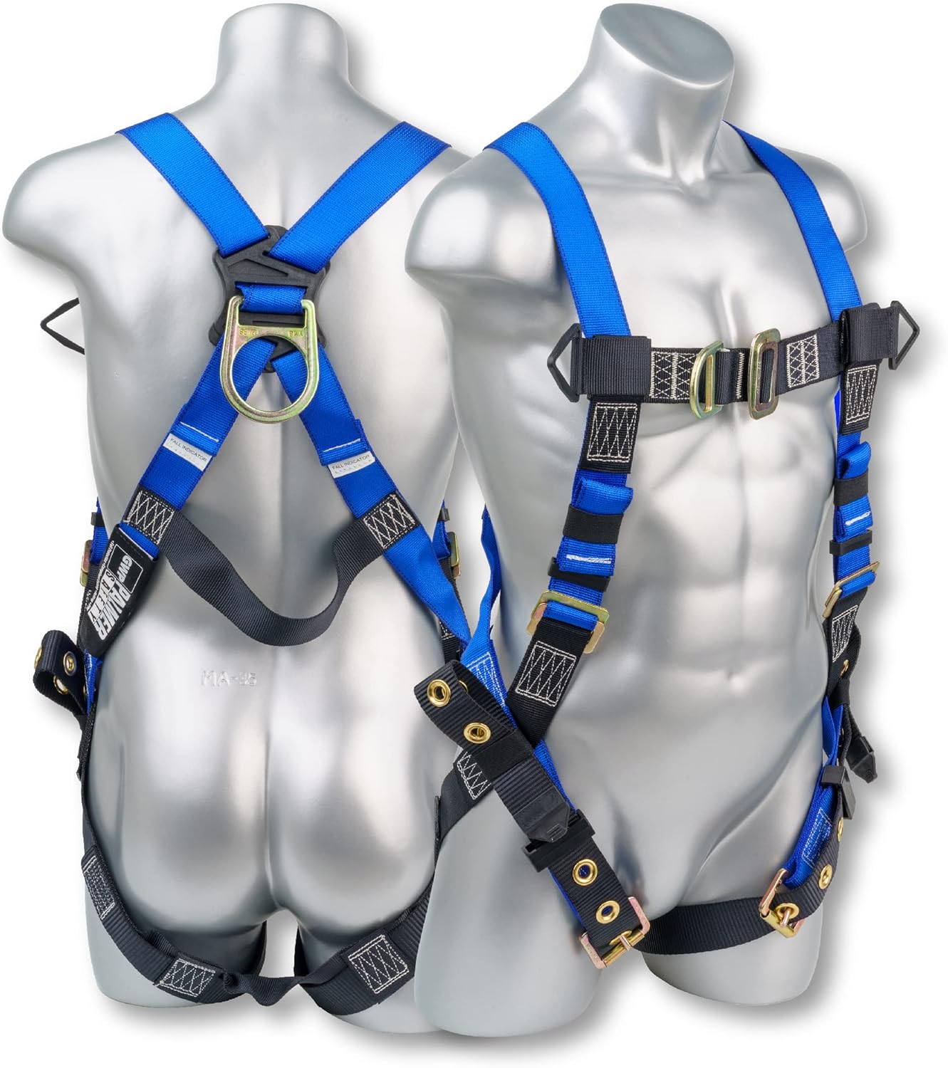 Blue Full Body Construction Harness with 5 Point Adjustment, 2 D-Ring, Grommet Legs, and Fall Indicators B823576