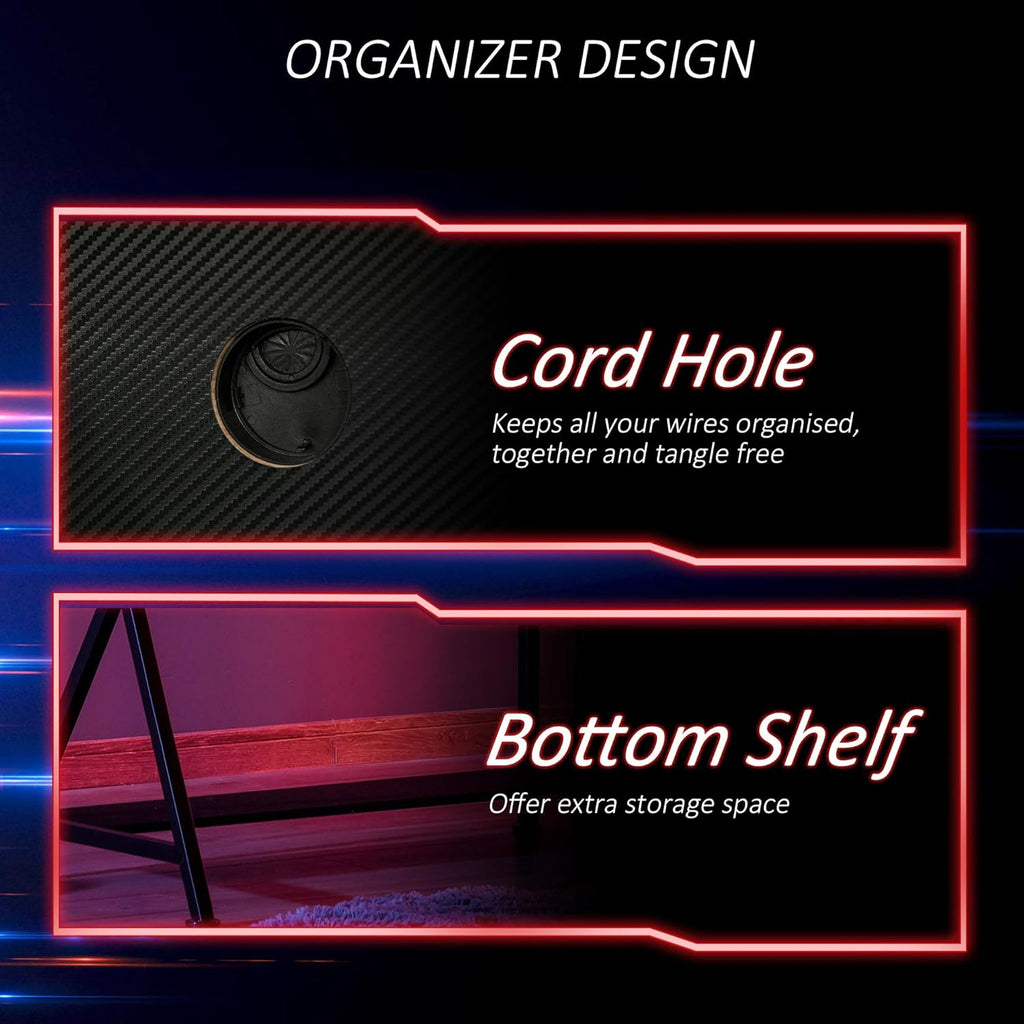 Black Carbon Fiber Style Gaming Desk with Elevated Monitor Shelf B5385