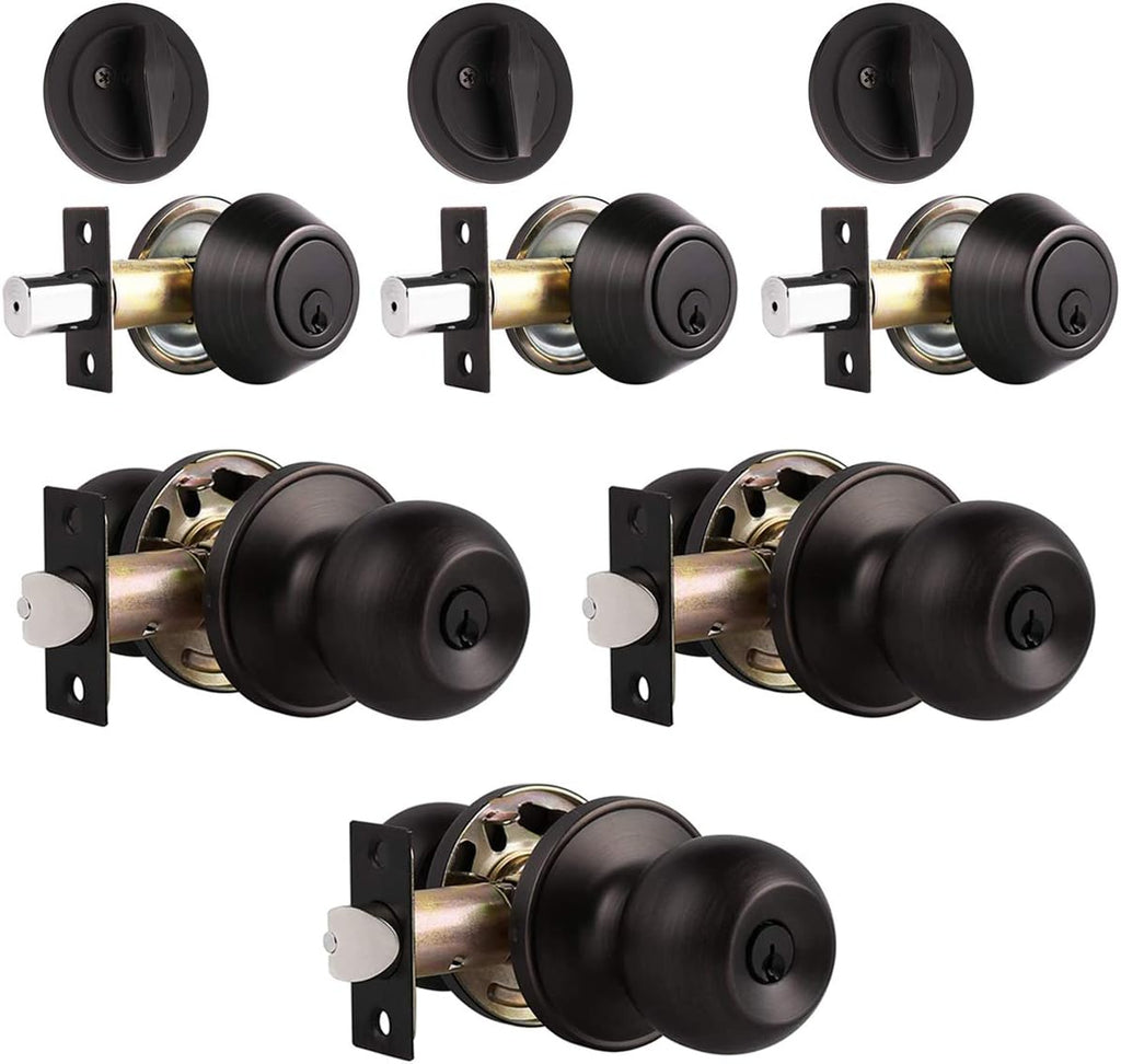 5 Pack Keyed Alike Entry Door Knob and Single Cylinder Deadbolt Lock Set in Oil Rubbed Bronze Finish A84064