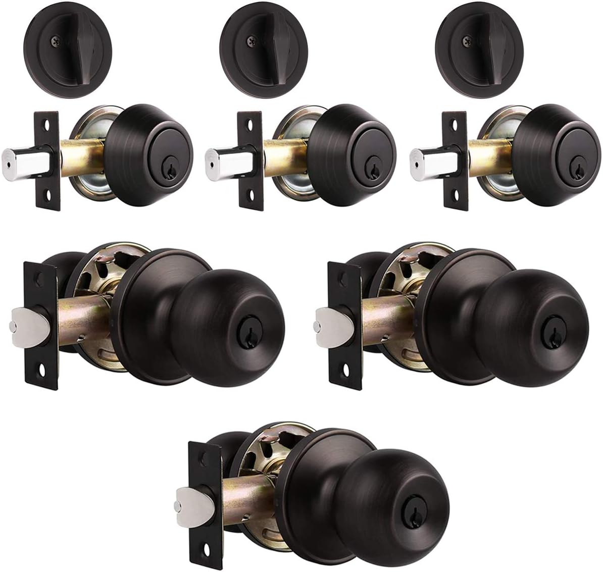 5 Pack Keyed Alike Entry Door Knob and Single Cylinder Deadbolt Lock Set in Oil Rubbed Bronze Finish A84064