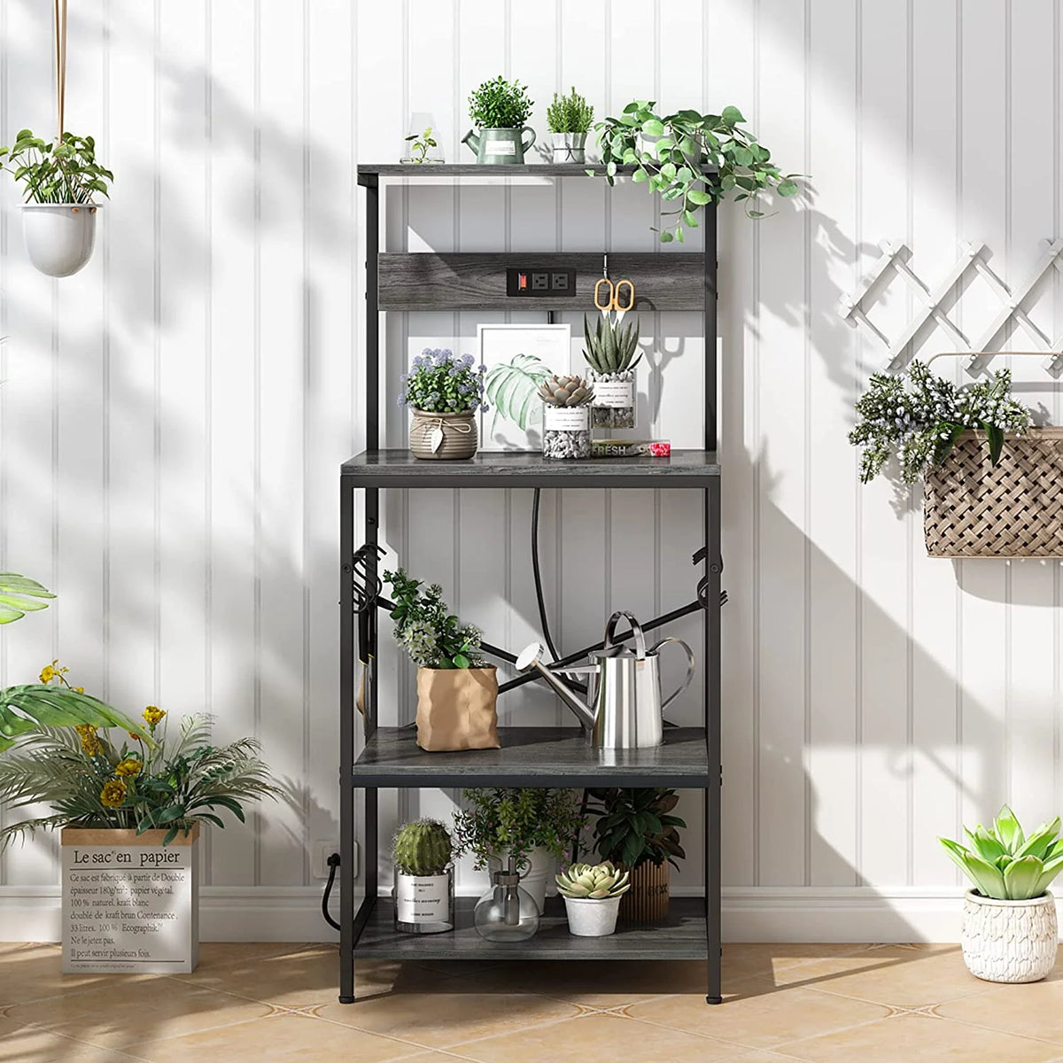 Charcoal Gray 4 Tiers Kitchen Bakers Rack with Power Outlet D323