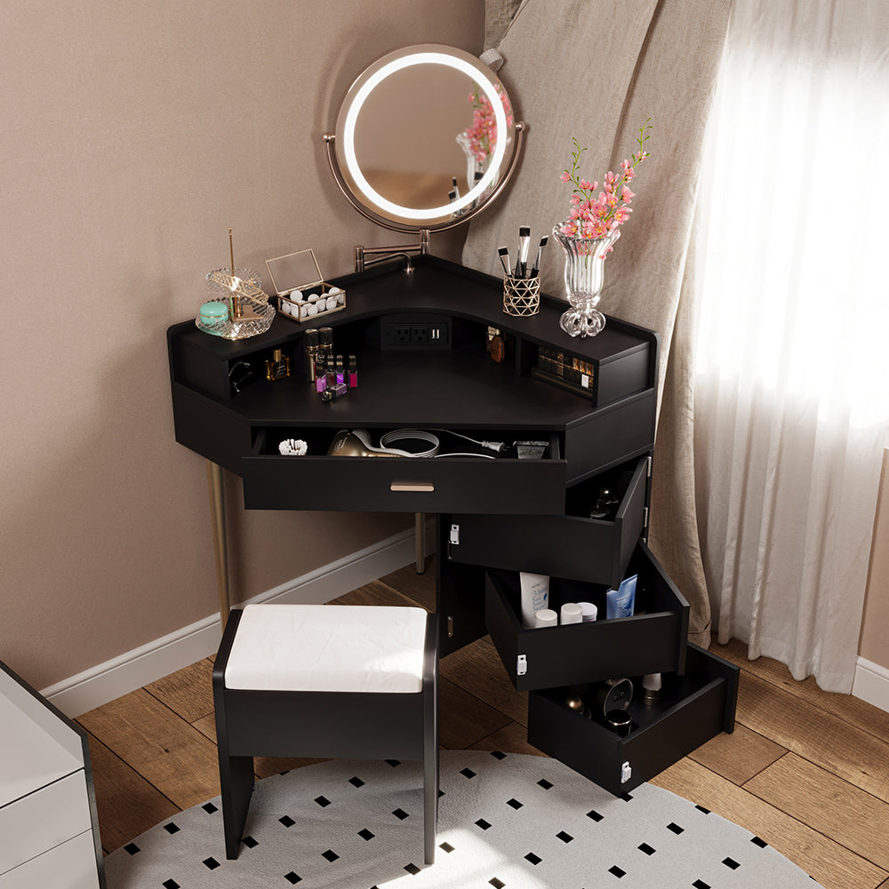 Corner Vanity Desk with Lights, Storage Shelf, 3 Drawers, Cushioned Stool Q751728
