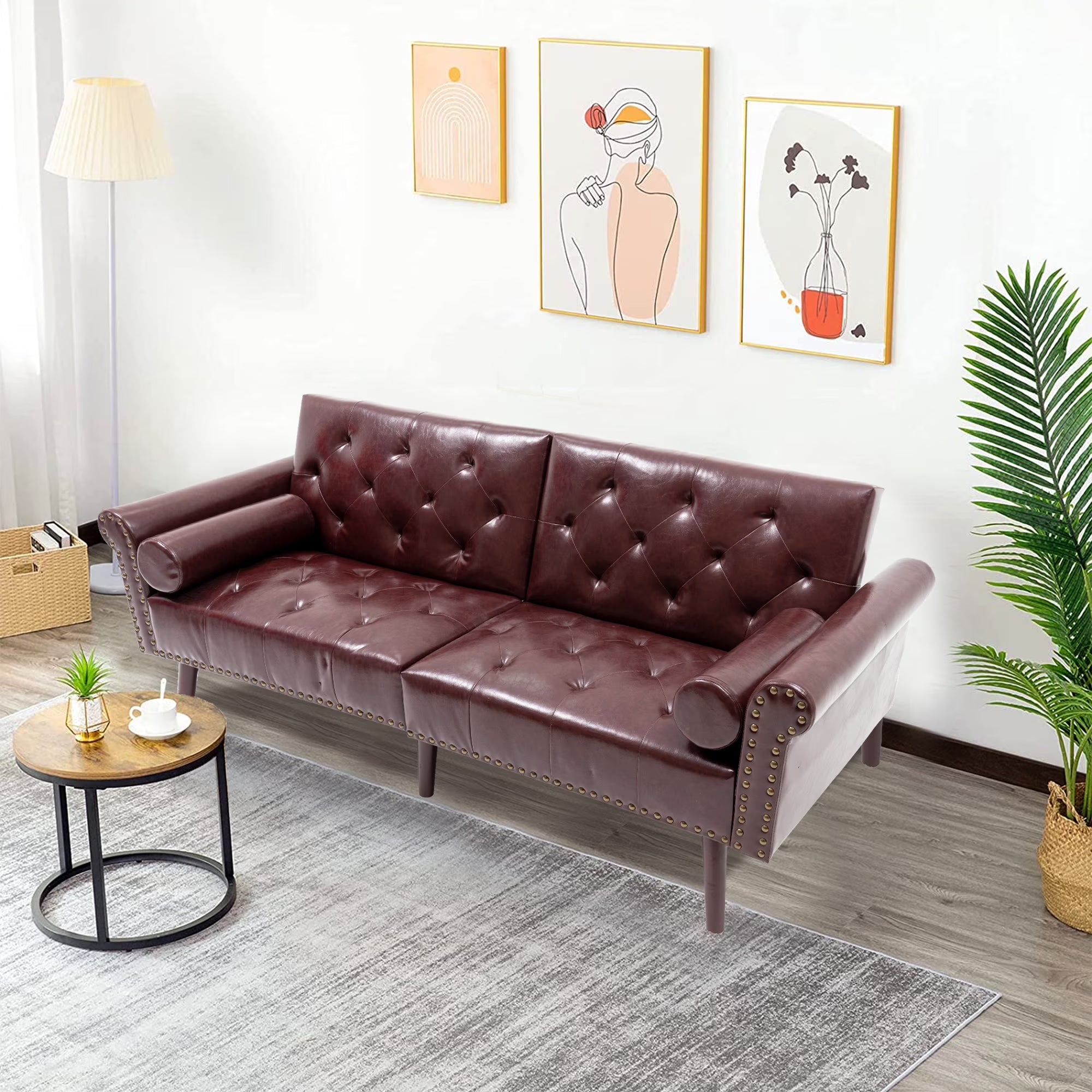 Brown PU Leather Convertible Sofa Bed Loveseat with 2 Pillows G858