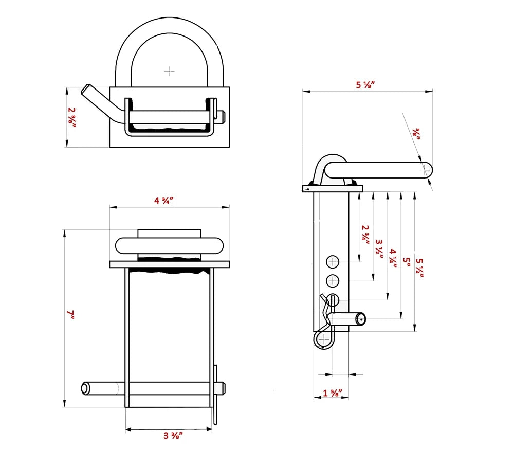 2 Pack Heavy Duty Adjustable Stake Pocket D Ring Black with 1/2" Hitch Pin, 4 Holes, 5400 lbs Load Limit X7562