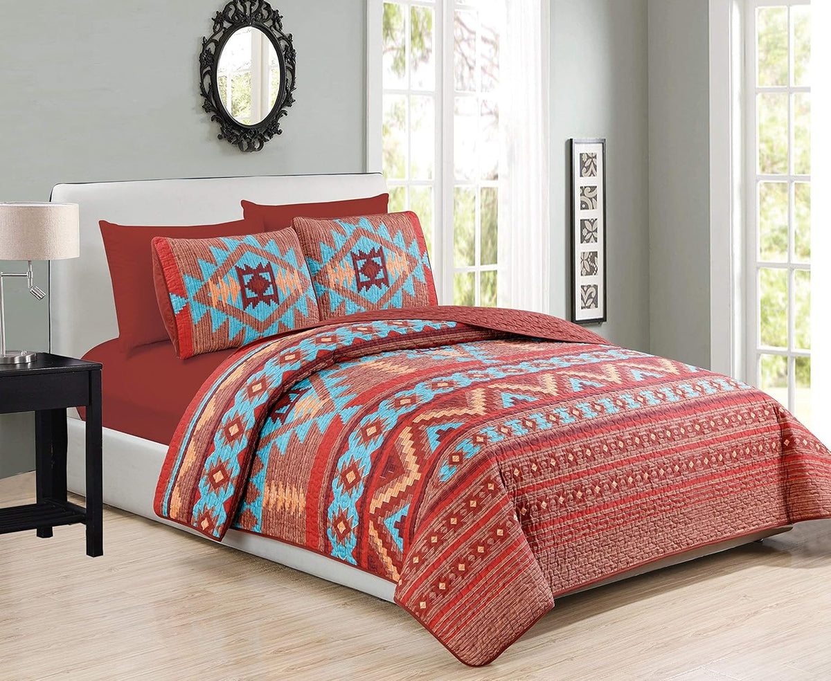 6 Piece King Bedding Quilt Bedspread And Fitted Sheet Set In Turquoise Red Orange Brown F990961