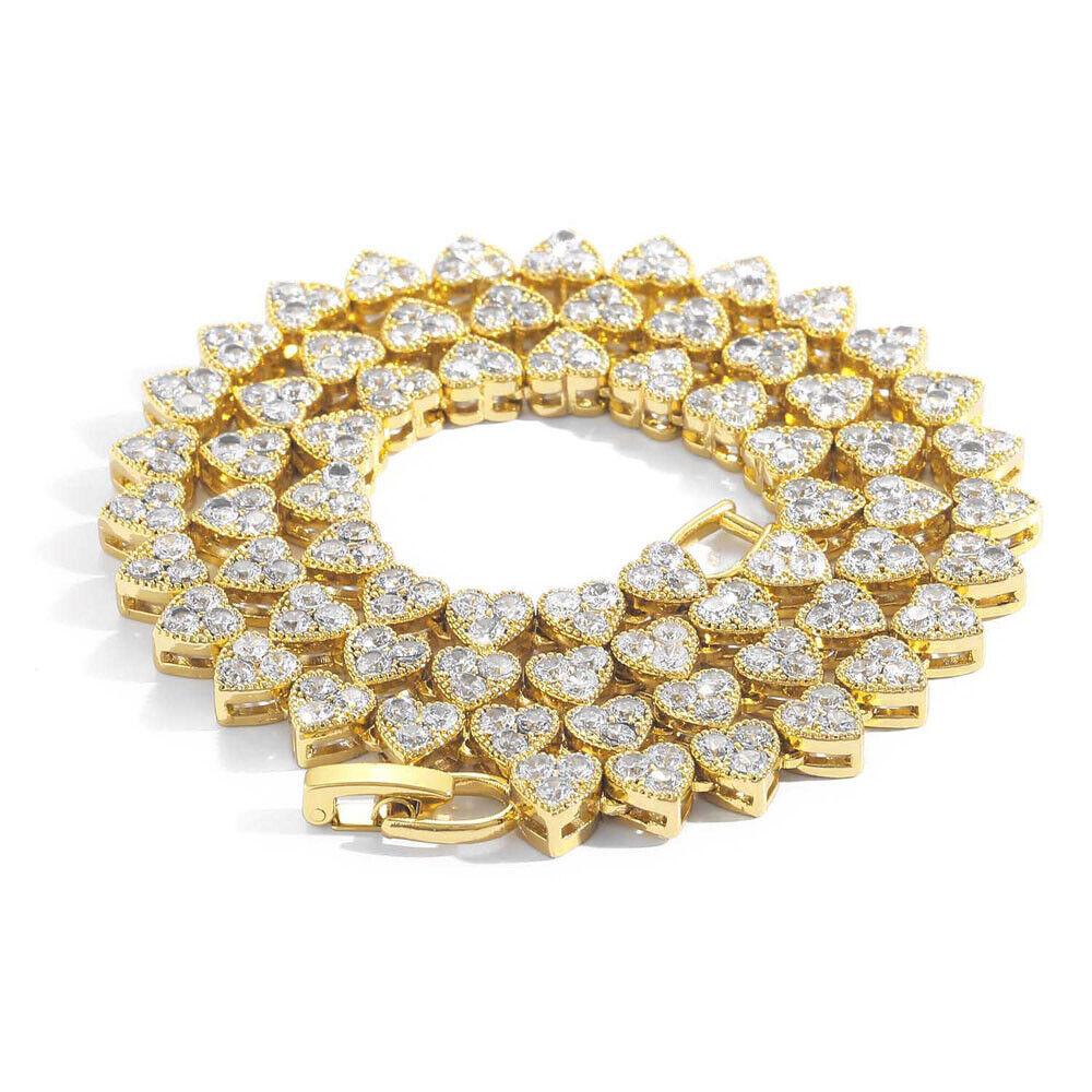 18K Gold Silver Plated 6.5mm Hip Hop Heart Chain Necklaces CZ R566