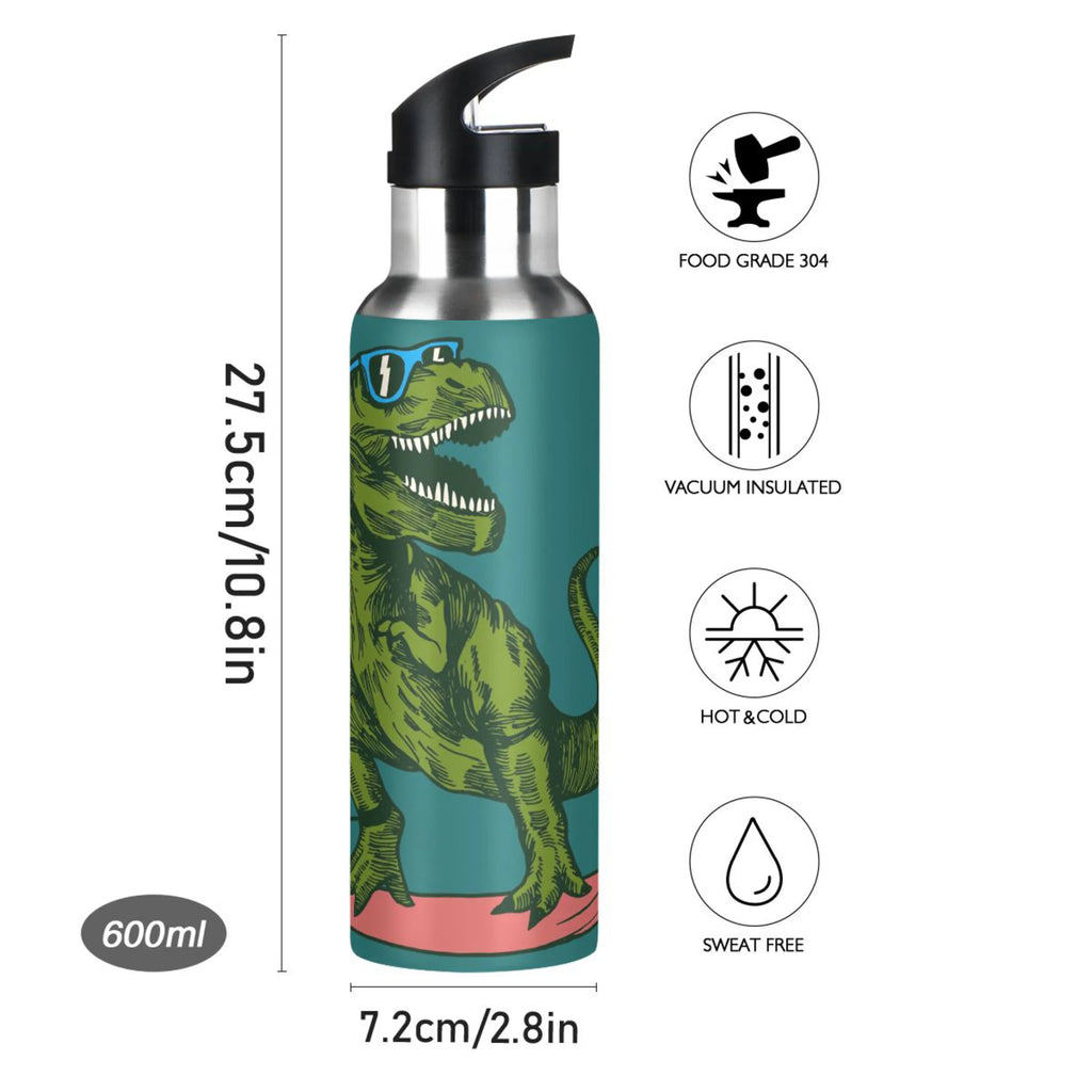 Dinosaur Green Stainless Steel Insulated Water Bottle with Straw Lid D366