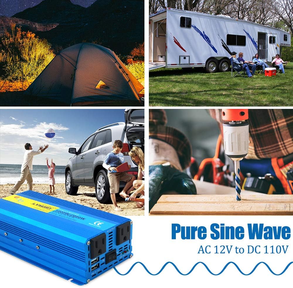 1000W Pure Sine Wave Power Inverter 12V to 110V DC to AC Converter with Dual USB Ports and Dual AC Outlets L1726