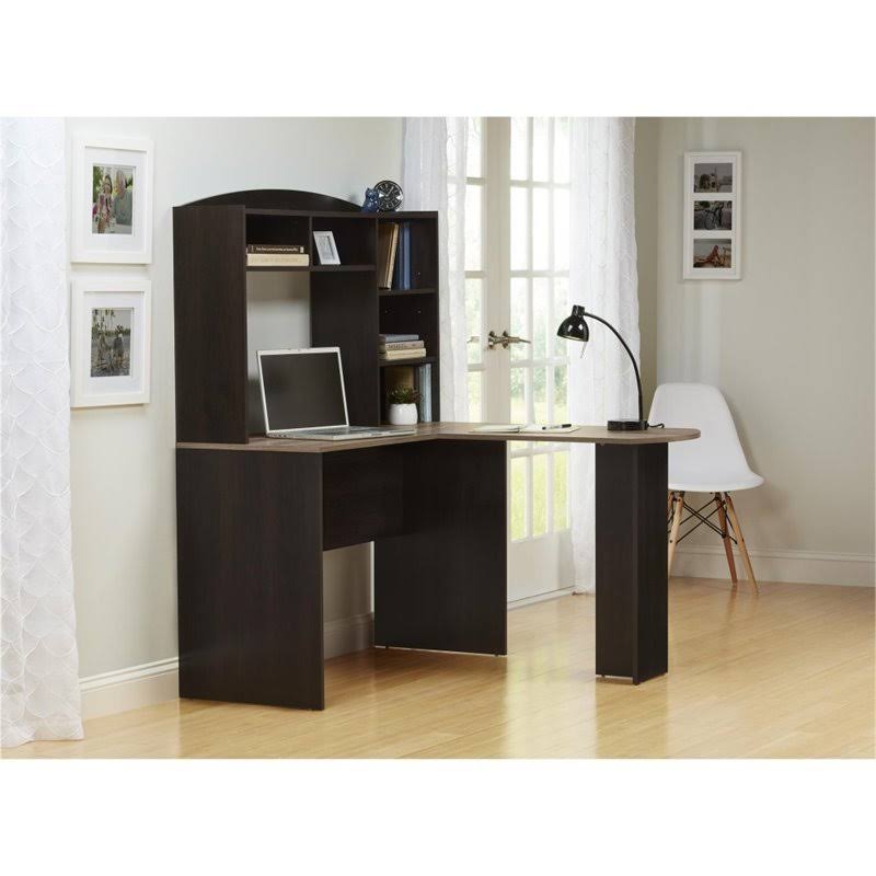 Espresso and Rustic Oak L Desk with Hutch V21138