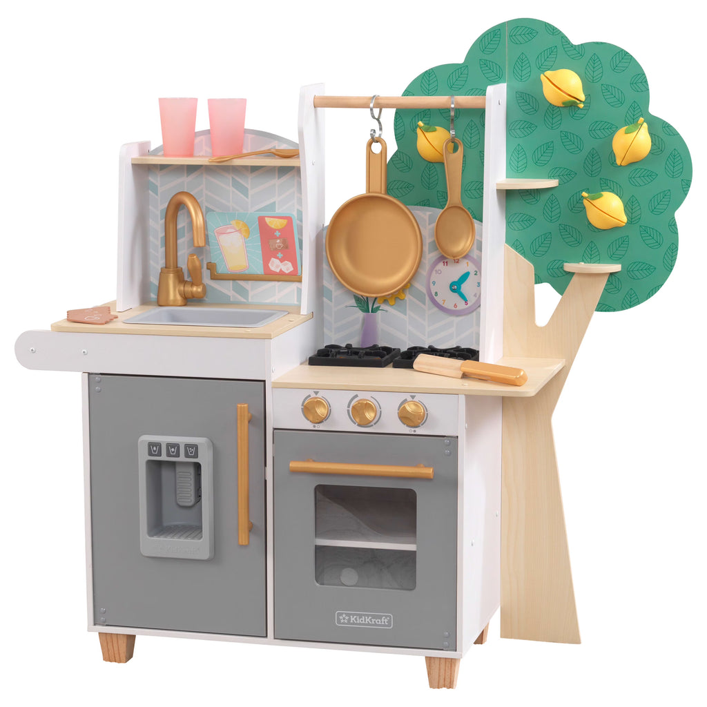 White Wooden Play Kitchen with 20-Piece Pretend Food Accessories C454