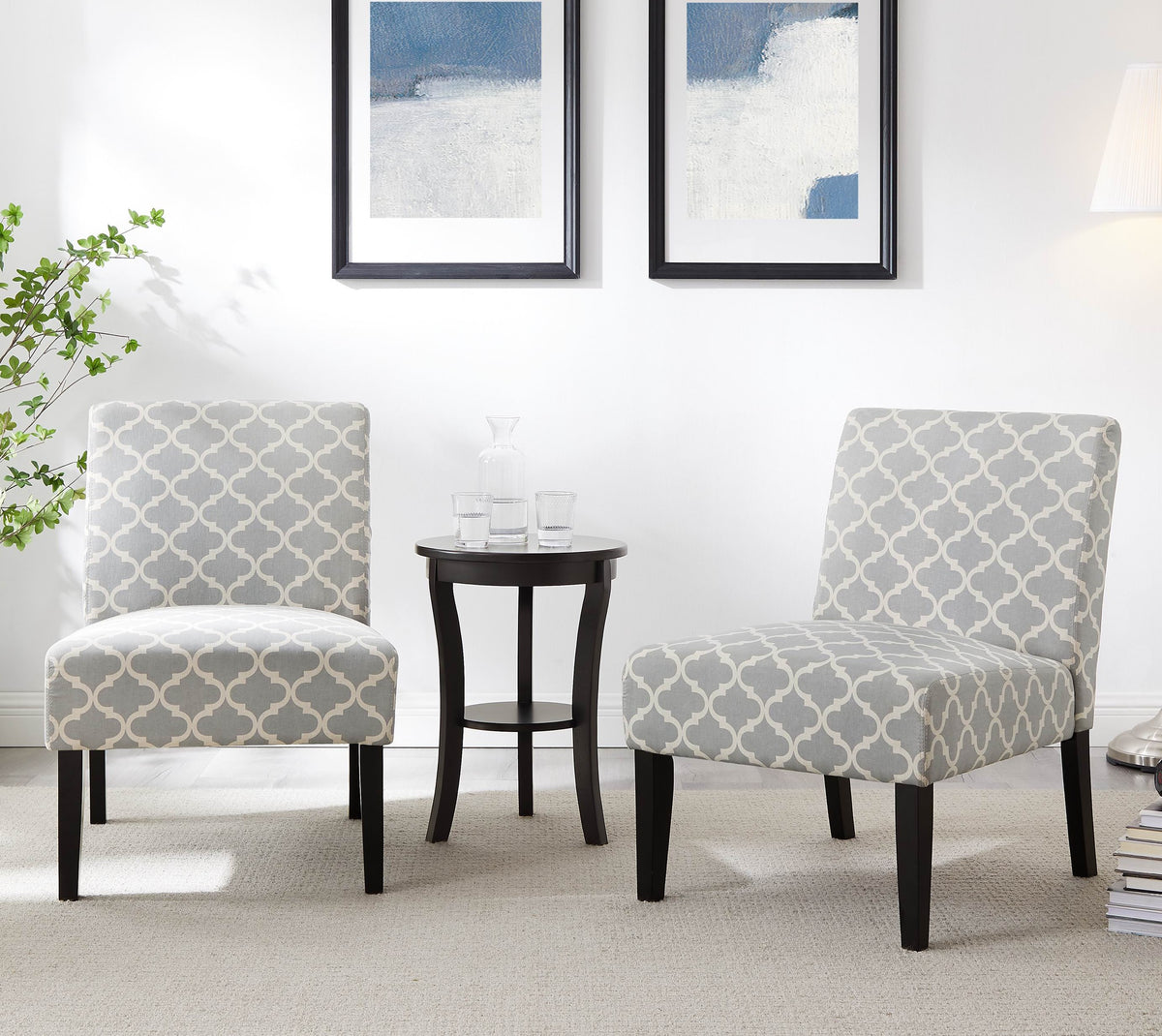 3Pc Set Gray Fabric Upholstery Side Table and 2 Chairs A6070