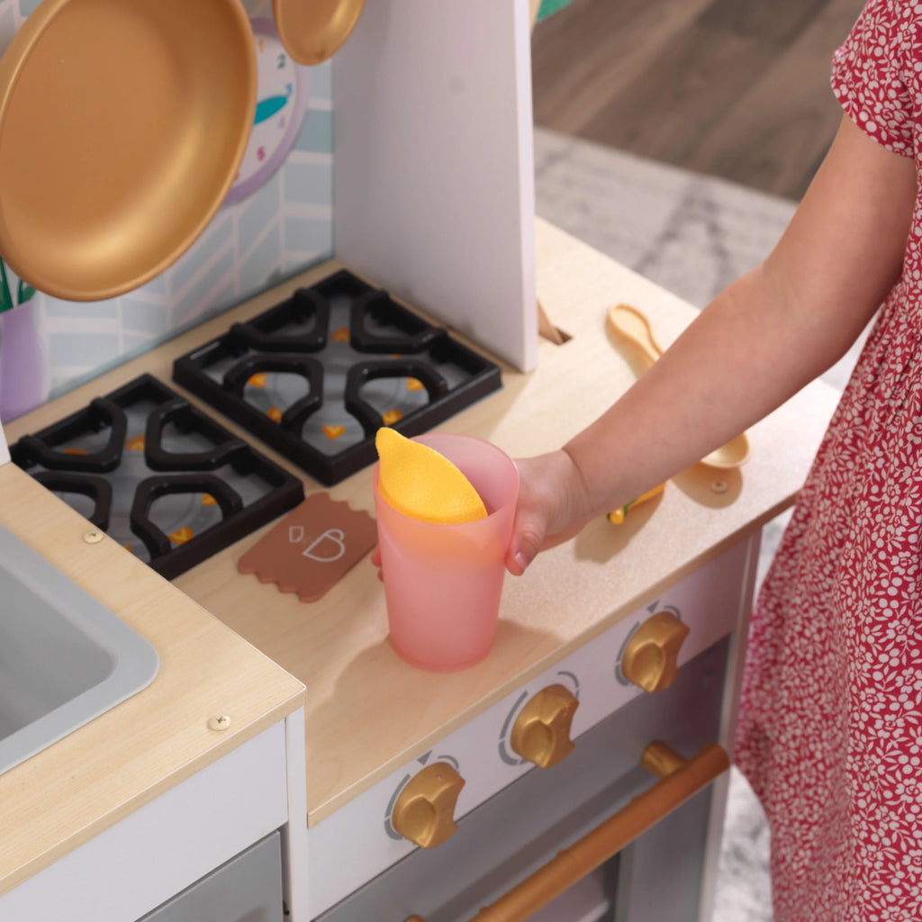 White Wooden Play Kitchen with 20-Piece Pretend Food Accessories C454