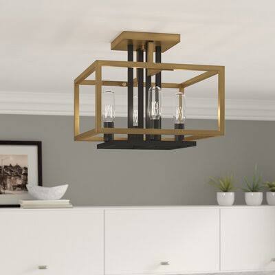 4 Light 12x22 Lantern Rectangle Semi Flush Mount Olde Brass/Bronze T73660