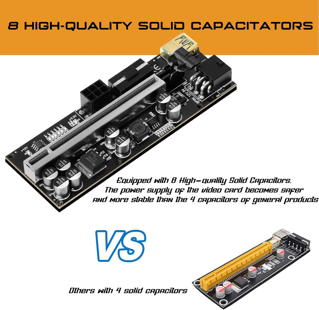 6 Pack PCI-E GPU Riser with 8 Solid Capacitors and LED Light, 1X to 16X, 60cm USB 3.0 Cable Z328