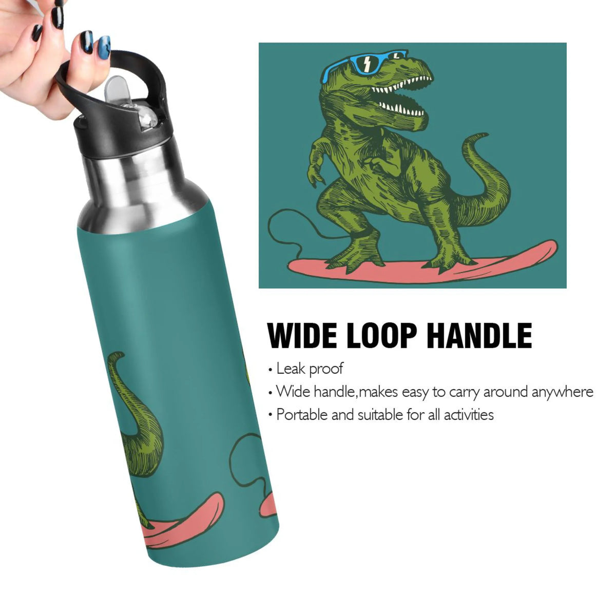 Dinosaur Green Stainless Steel Insulated Water Bottle with Straw Lid D366