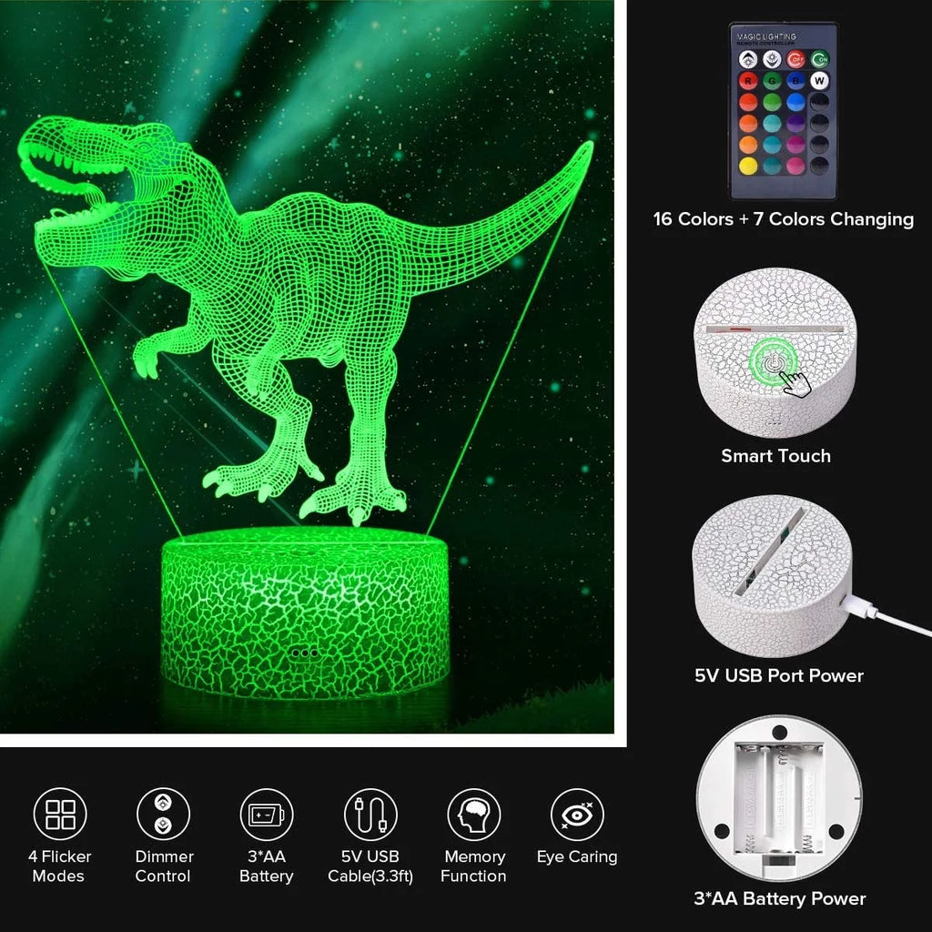 3D Dinosaur Night Light with Remote & Touch, 7 Colors + 16 Colors Changing Dimmable T Rex Night Light O1126