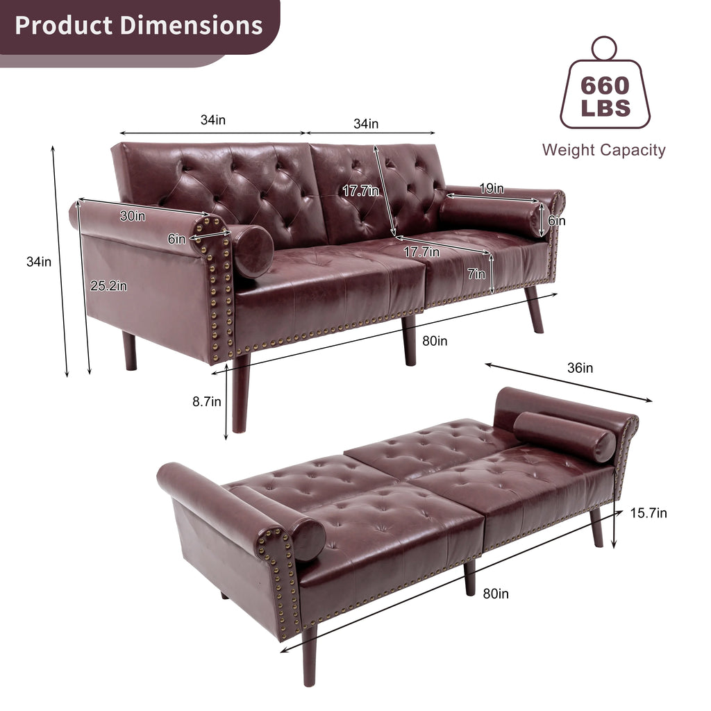 Brown PU Leather Convertible Sofa Bed Loveseat with 2 Pillows G858