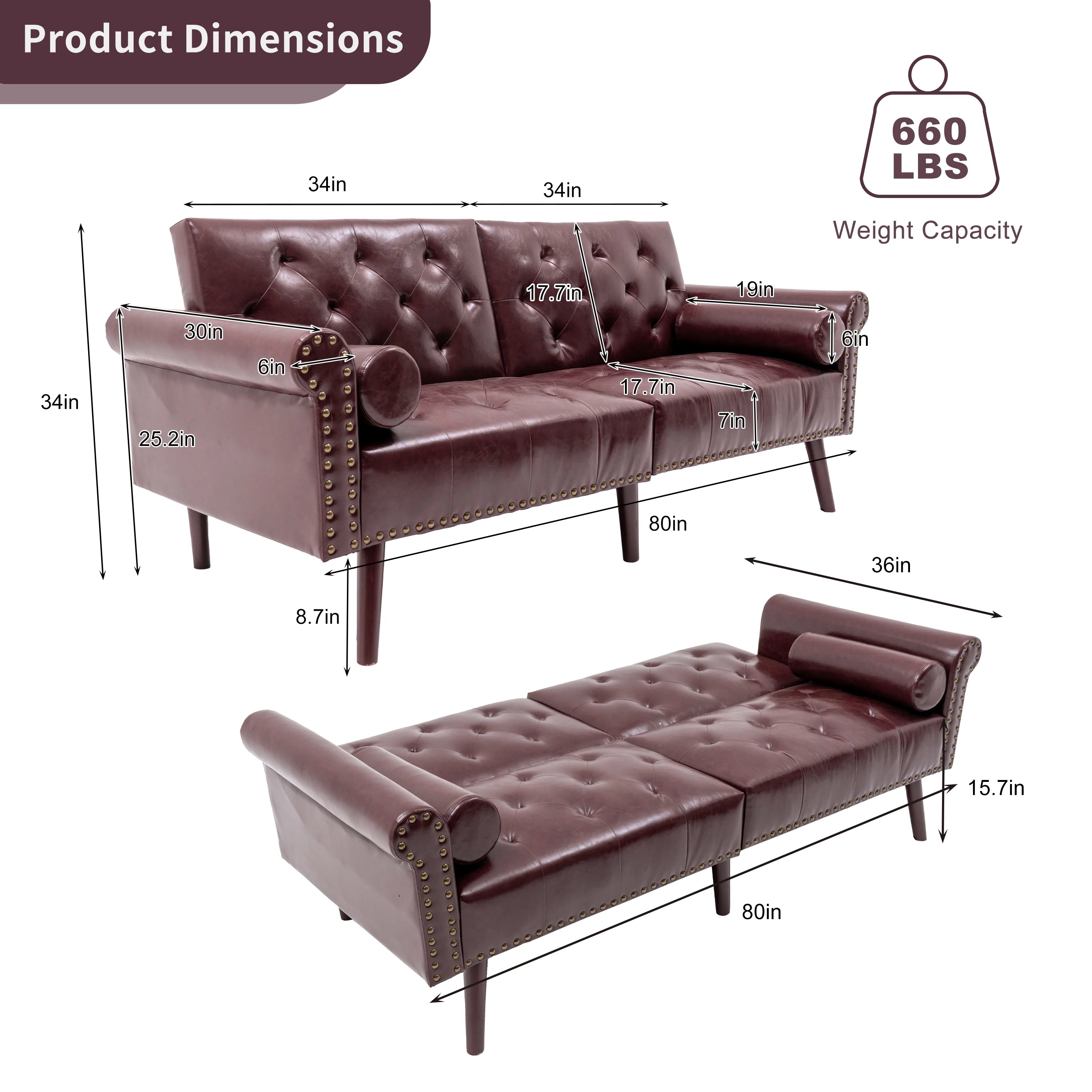 Brown PU Leather Convertible Sofa Bed Loveseat with 2 Pillows G858