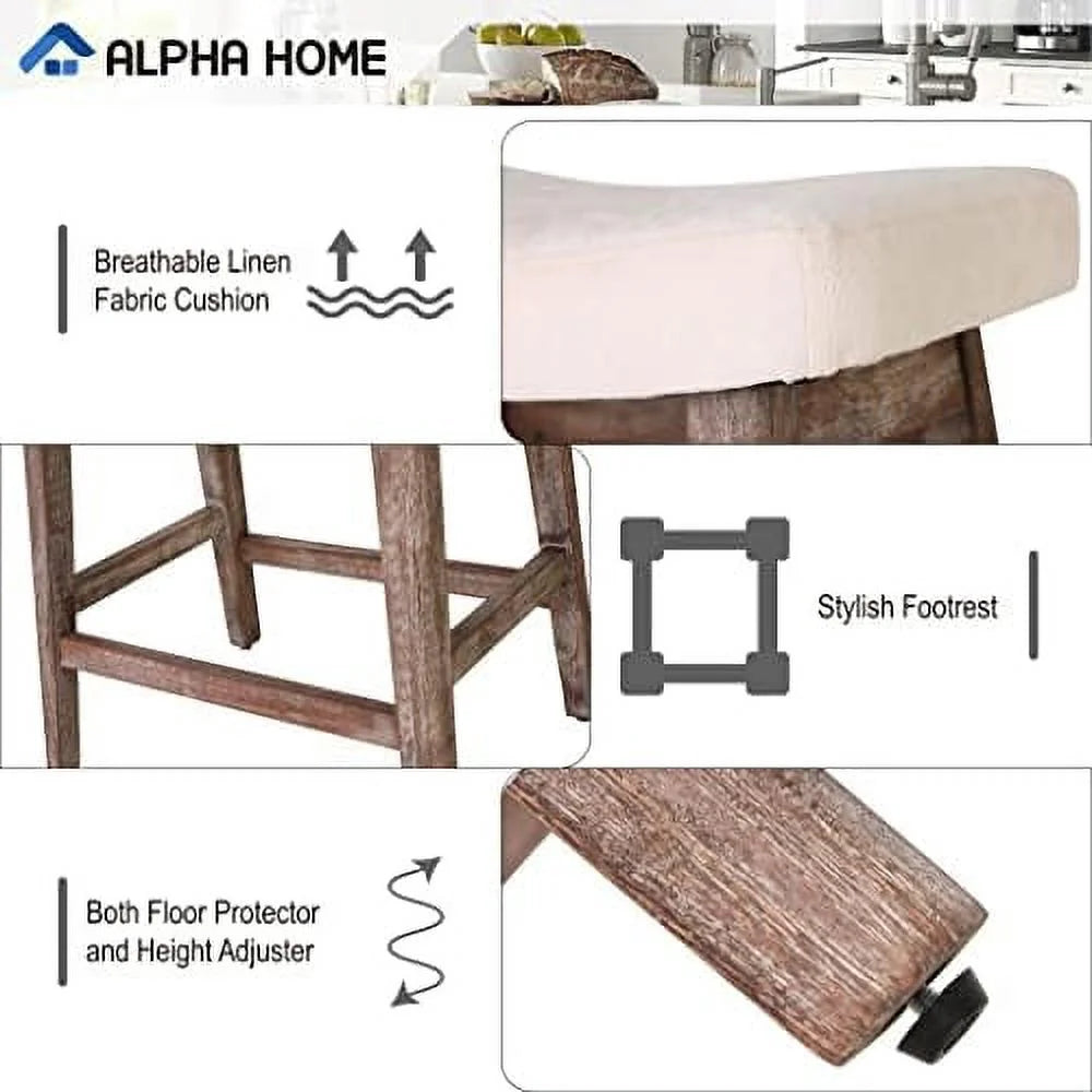 Solid Wood Saddle Kitchen Stool with Grey Linen Fabric Cushion Counter Height Barstool 24 Inch U606367