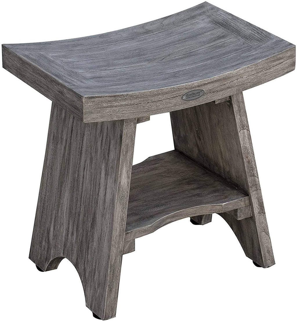 Gray Finish Teak Shower Bench with Shelf I844