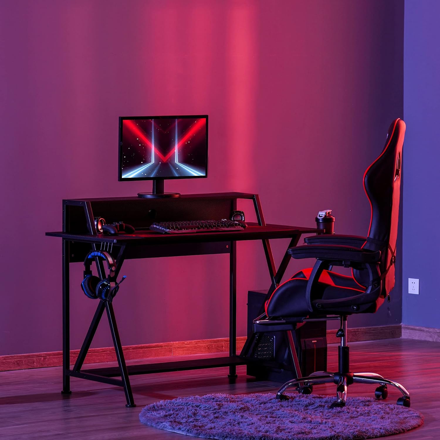 Black Carbon Fiber Style Gaming Desk with Elevated Monitor Shelf B5385