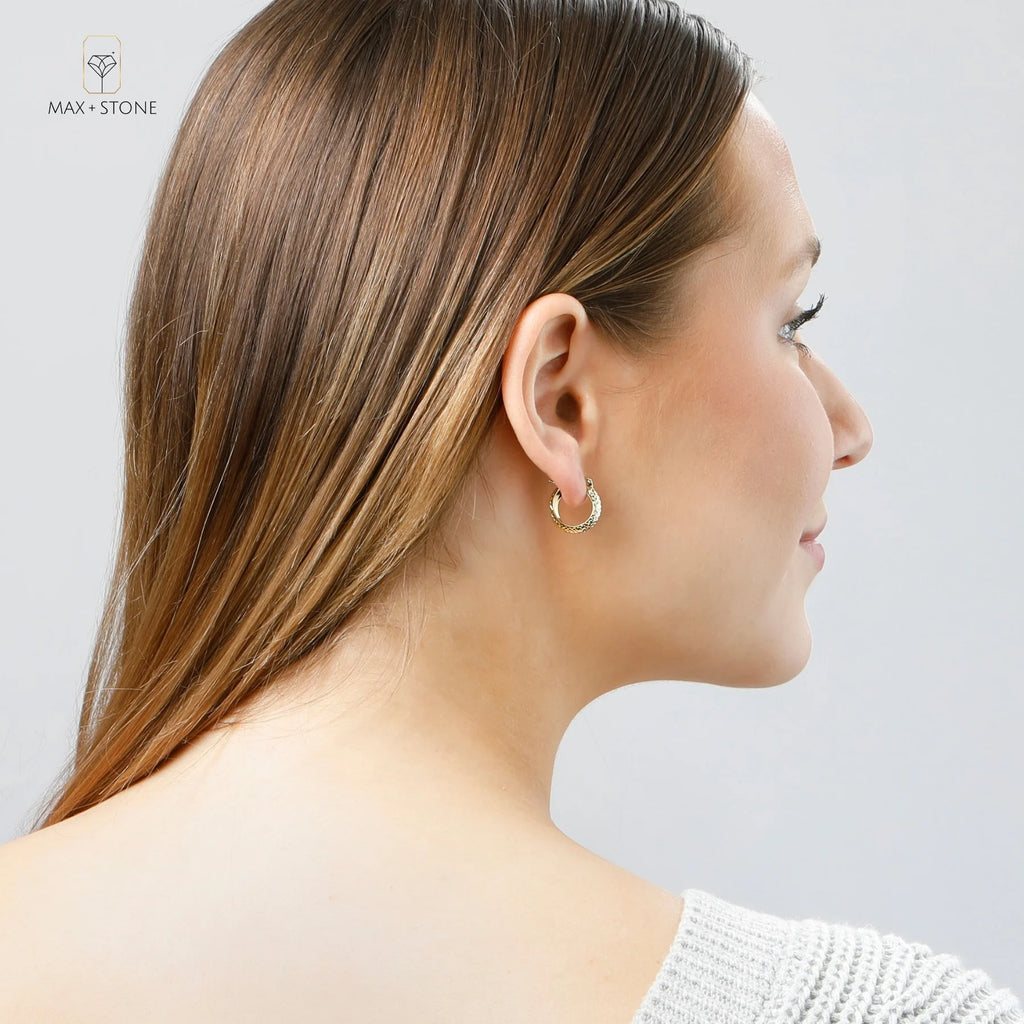 18k Solid Yellow Gold Diamond Cut Hoop Earrings D408492