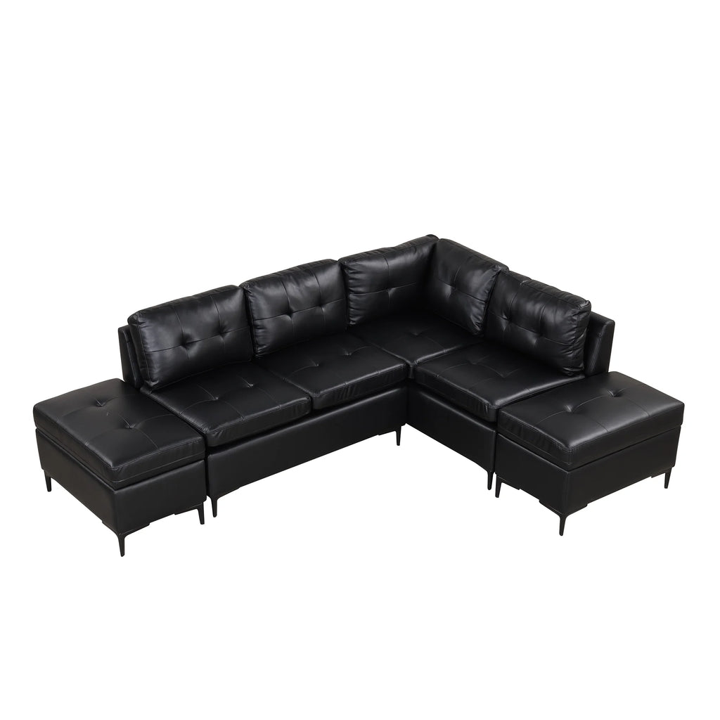 Black PU Leather L-Shaped Corner Sectional Sofa with Movable Storage Ottomans M11904