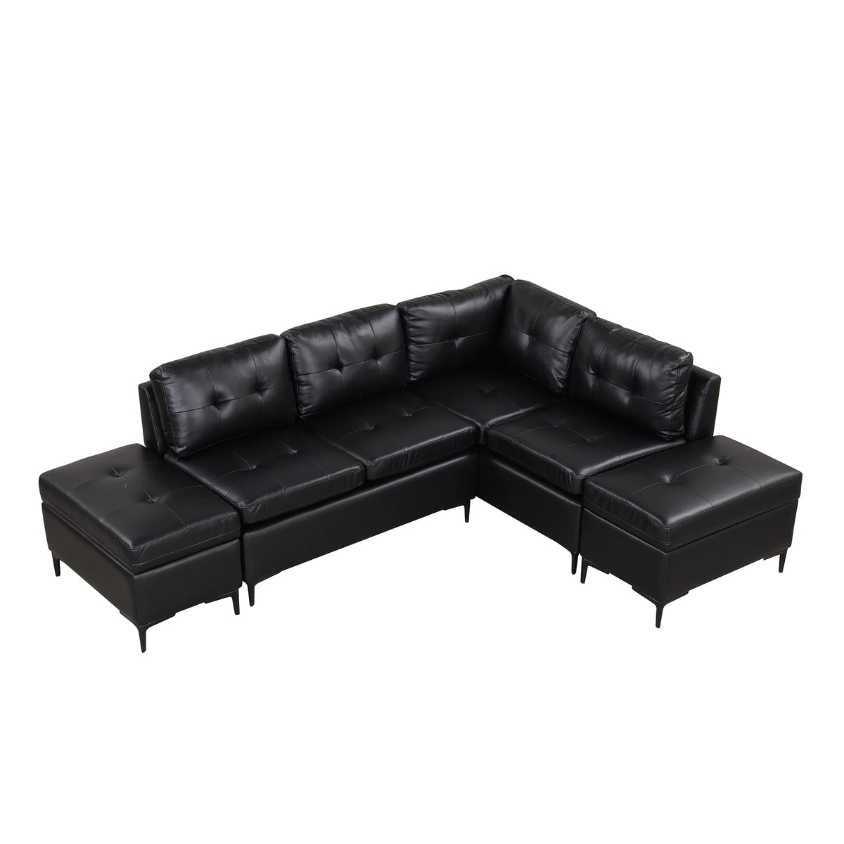Black PU Leather L-Shaped Corner Sectional Sofa with Movable Storage Ottomans M11904