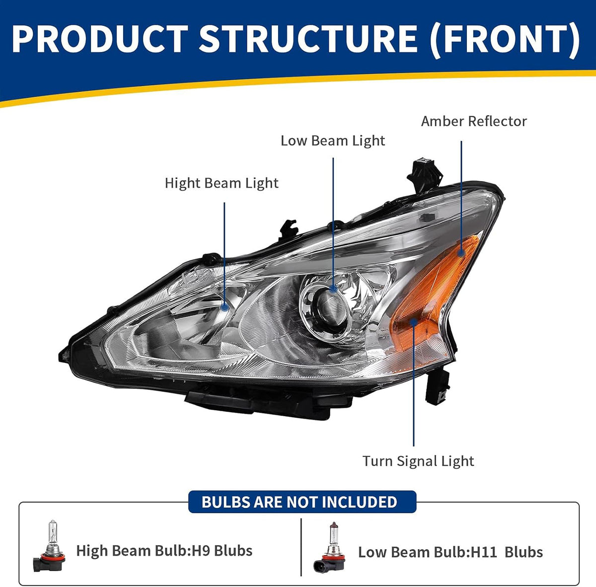 Projector Headlight Assembly for 2013 2014 2015 Altima 4-Door Sedan Chrome Housing D9293
