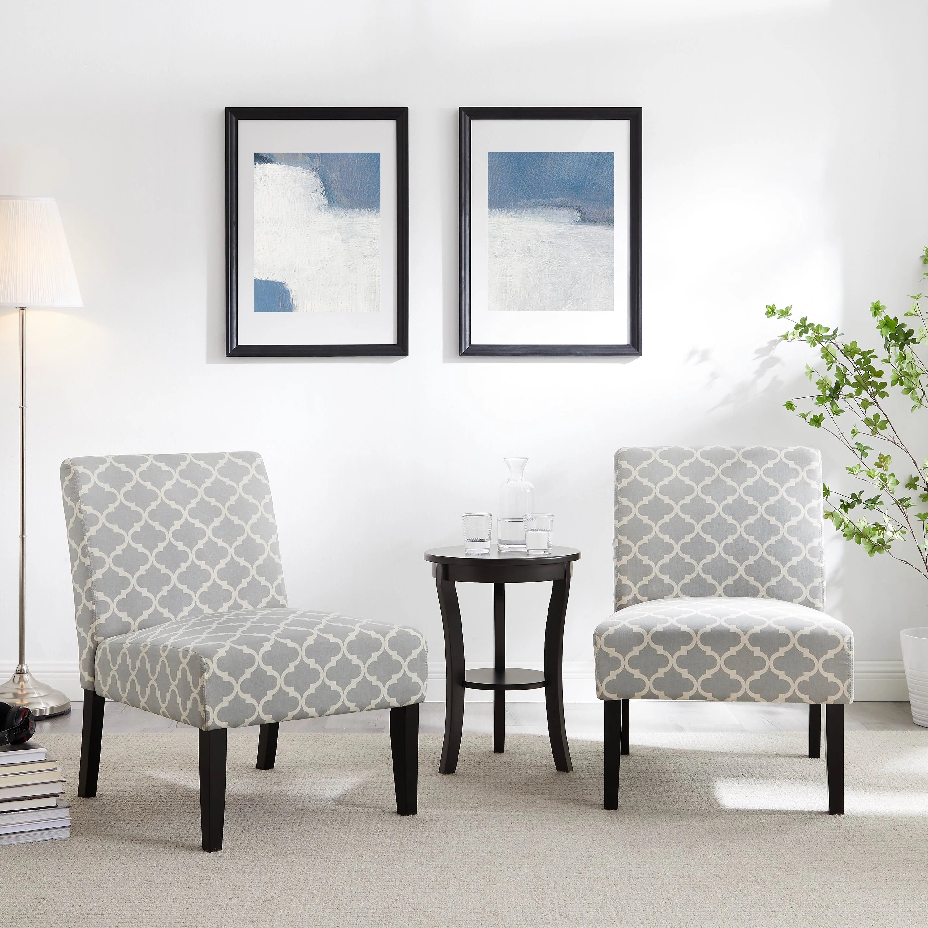3Pc Set Gray Fabric Upholstery Side Table and 2 Chairs A6070