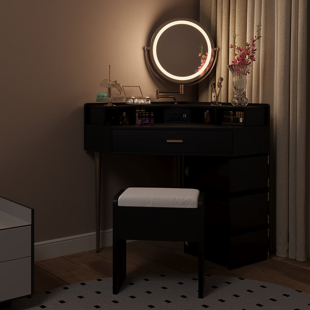 Corner Vanity Desk with Lights, Storage Shelf, 3 Drawers, Cushioned Stool Q751728
