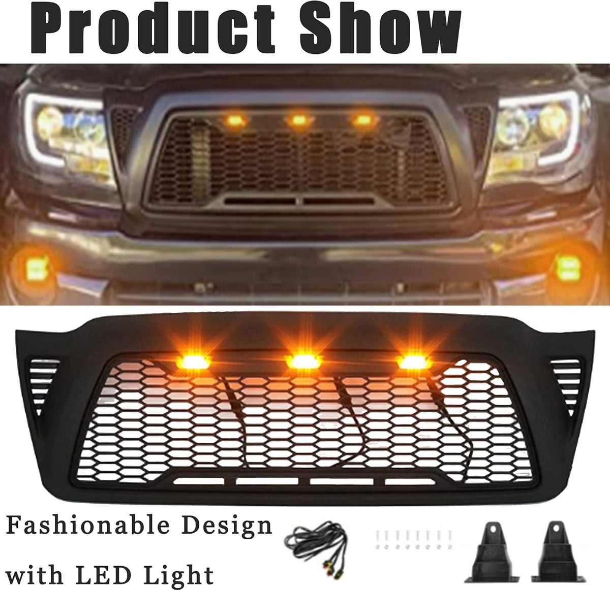 Matte Black ABS Plastic Tacoma Grill with 3 Amber Lights B412