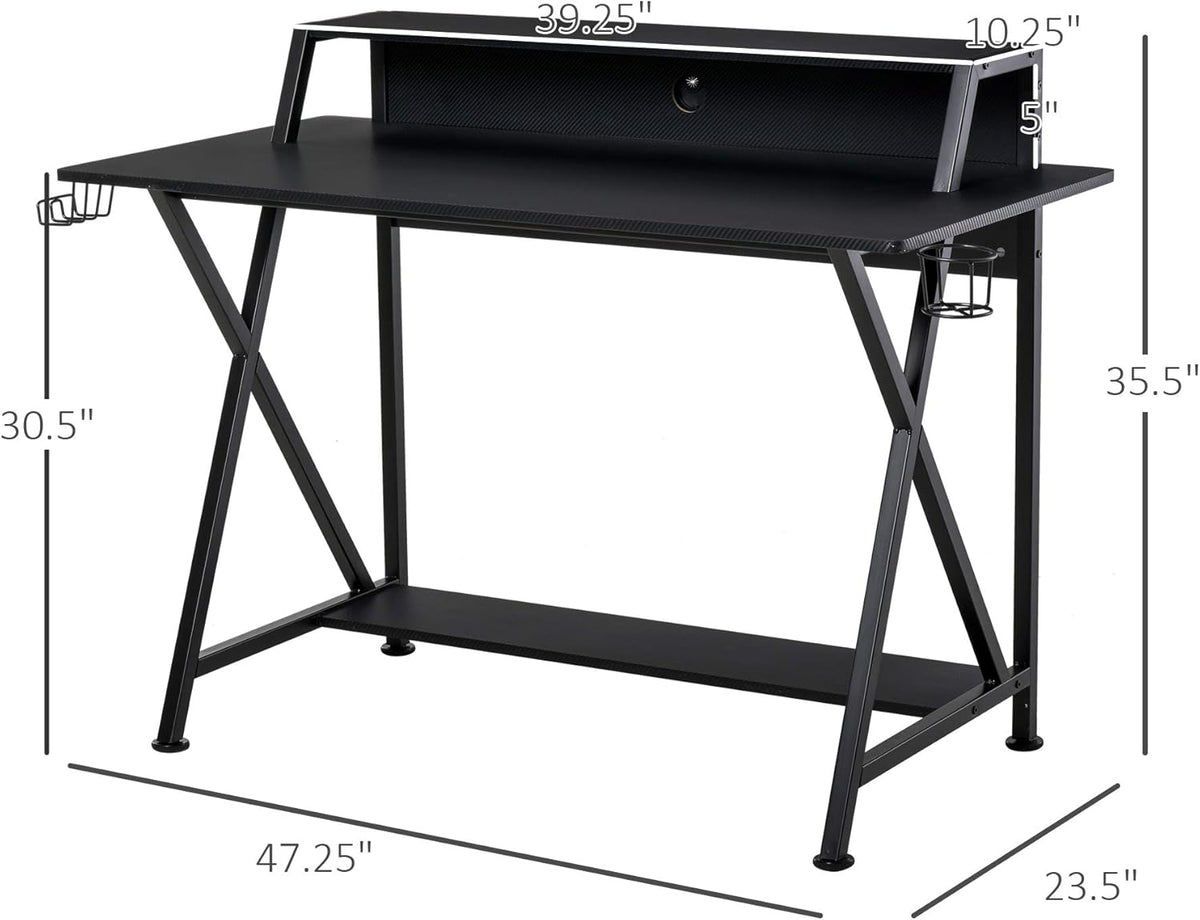 Black Carbon Fiber Style Gaming Desk with Elevated Monitor Shelf B5385