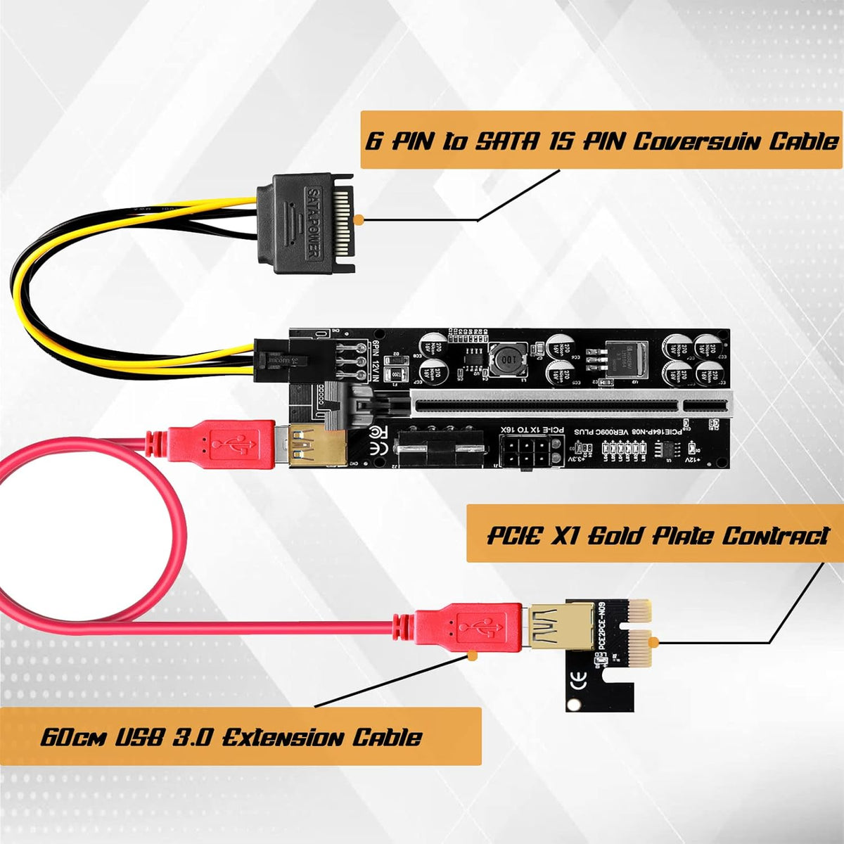 6 Pack PCI-E GPU Riser with 8 Solid Capacitors and LED Light, 1X to 16X, 60cm USB 3.0 Cable Z328