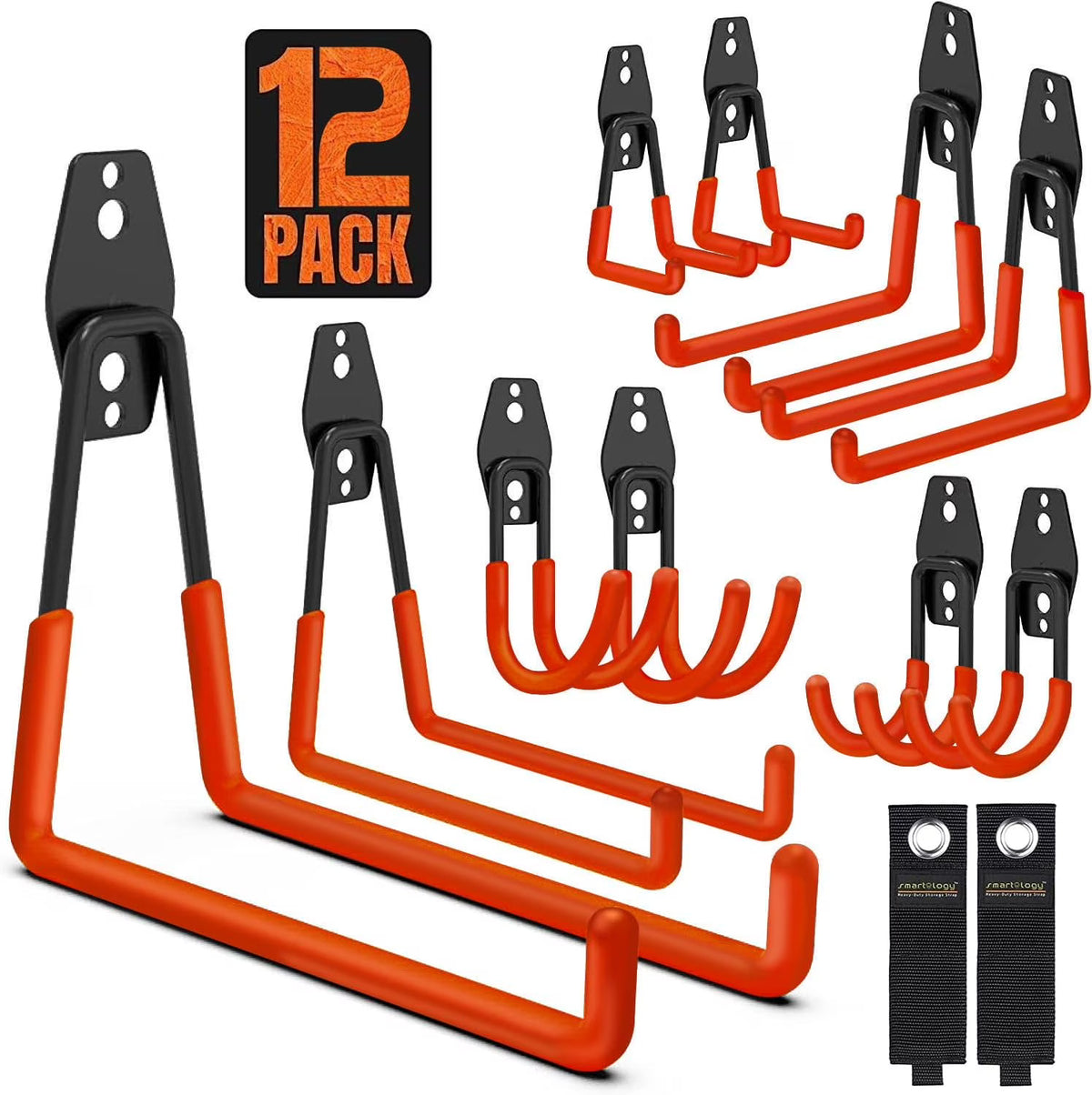 12 Pack Wall Storage Hooks with 2 Extension Cord Straps, Heavy Duty Tool Hangers I75976