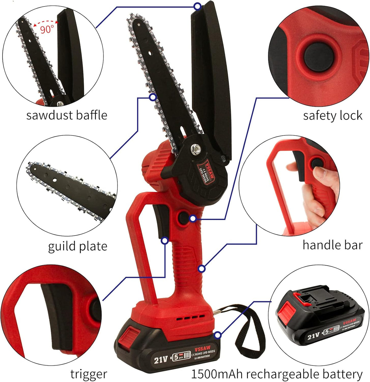 Mini Chainsaw Cordless Brushless 6 inch Battery Power Chain Saw, Portable Handheld Small Chainsaw with Security Lock, Pack of 2 G66072