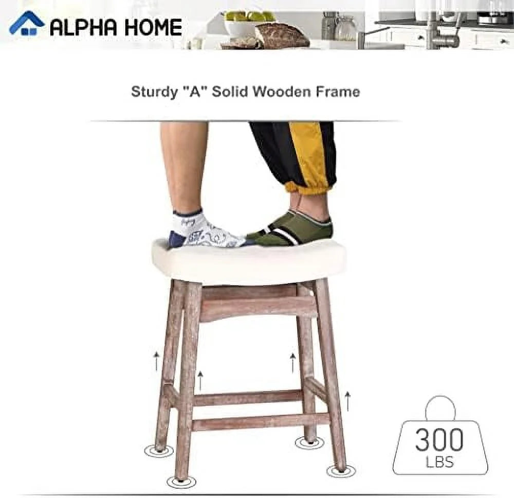 Solid Wood Saddle Kitchen Stool with Grey Linen Fabric Cushion Counter Height Barstool 24 Inch U606367