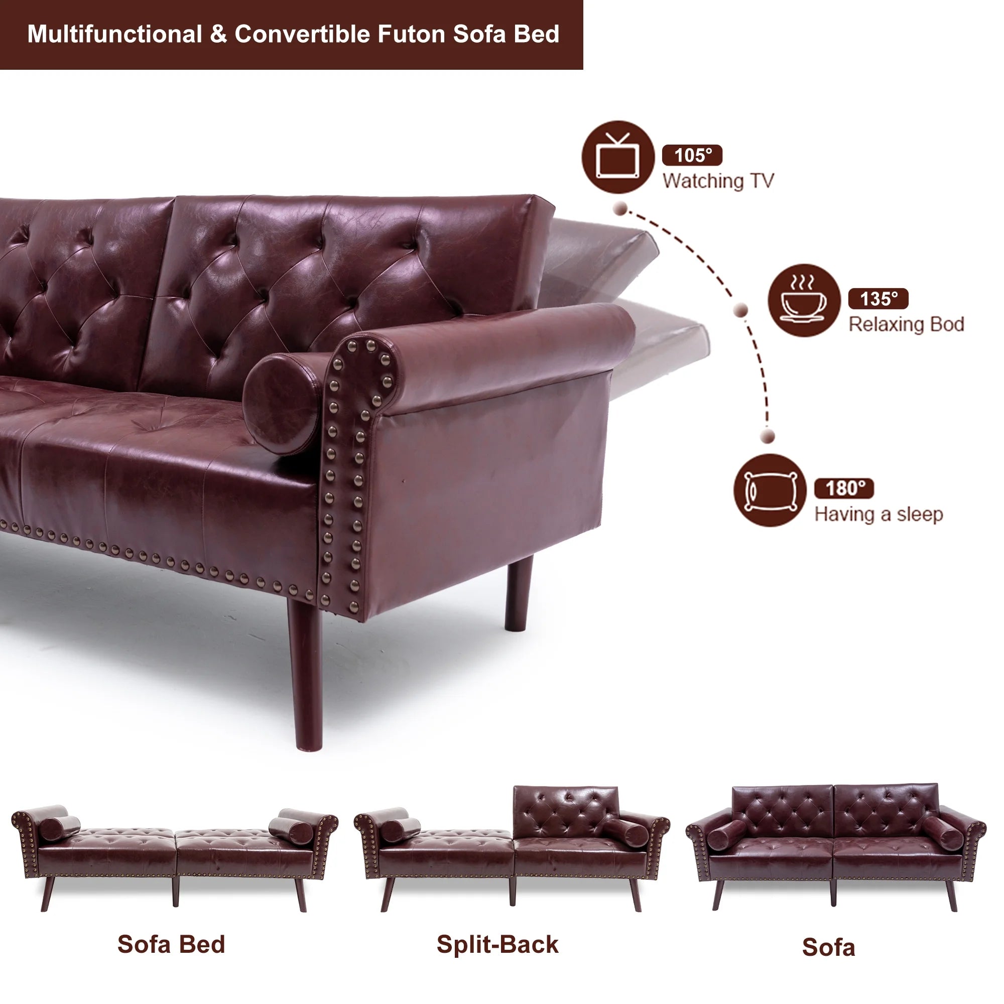 Brown PU Leather Convertible Sofa Bed Loveseat with 2 Pillows G858