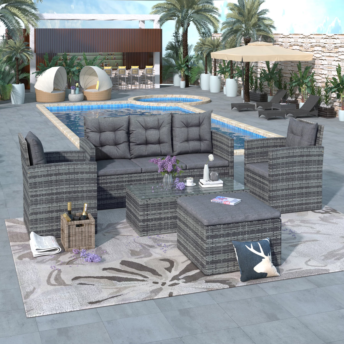 Gray 5-Piece Outdoor PE Wicker Patio Sofa Set with Glass Table T19629
