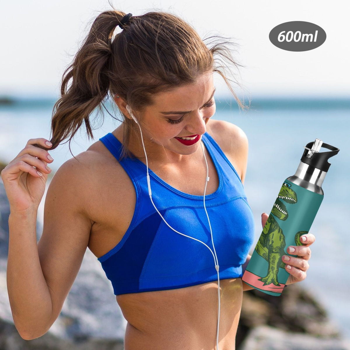 Dinosaur Green Stainless Steel Insulated Water Bottle with Straw Lid D366