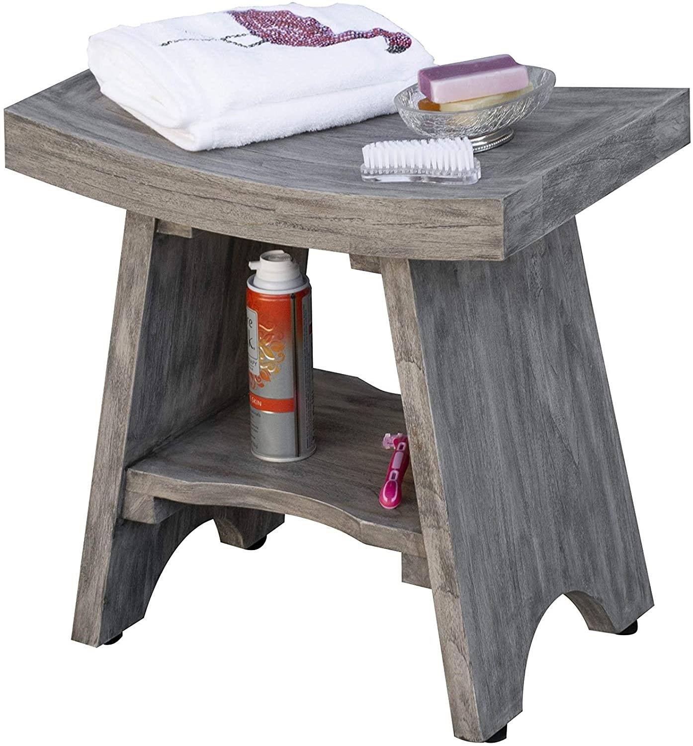 Gray Finish Teak Shower Bench with Shelf I844