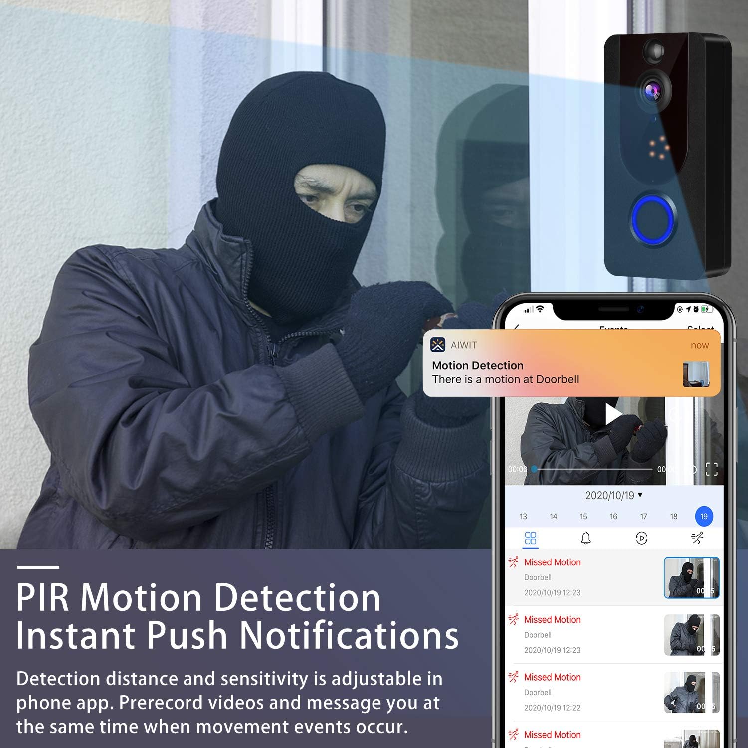 Wireless Doorbell Camera 1080P with Chime, PIR Motion Detection, IP65 Waterproof, 2-Way Audio M5475