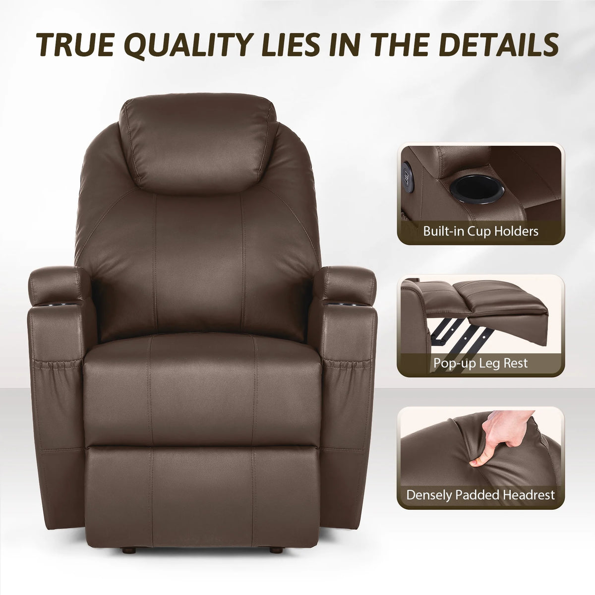 Brown Recliner Chair with Heated Massage Footrest Cup Holders USB Port F51294