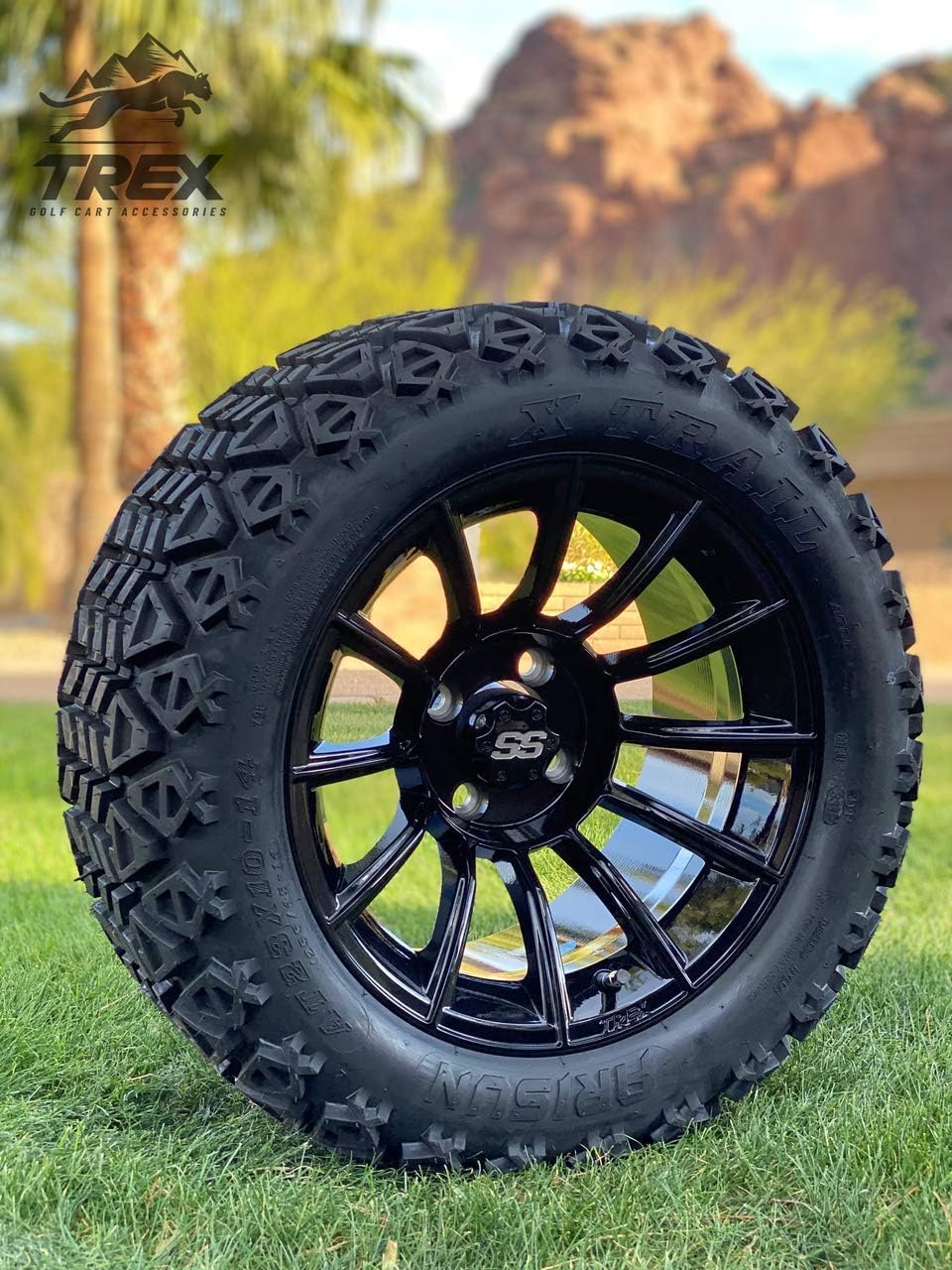 14 TITAN GLOSS BLACK ALUMINIUM WHEELS AND 23X10-14 DOT ALL TERRAIN TIRES COMBO - SET OF 4 M6914