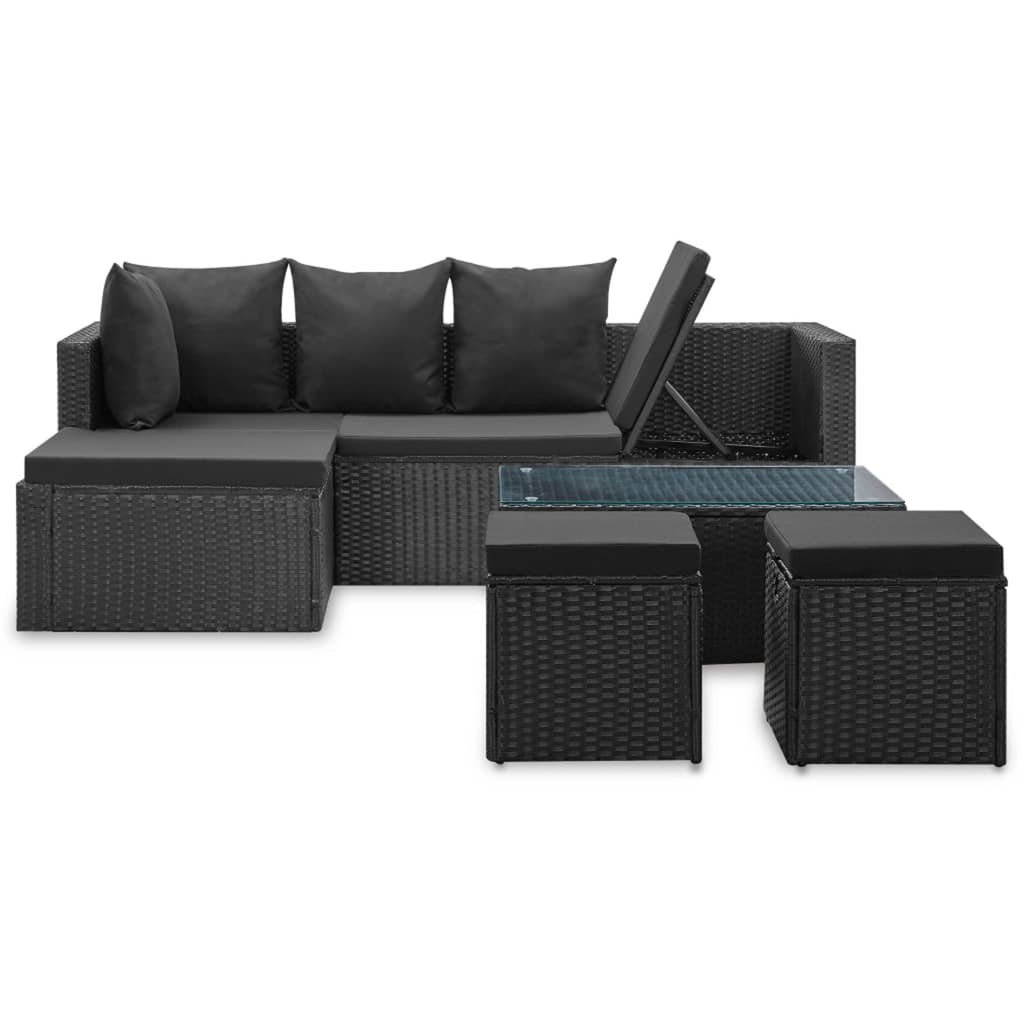 4 Piece Poly Rattan Black Outdoor Sectional Sofa Set with Cushions and Coffee Table Q9963